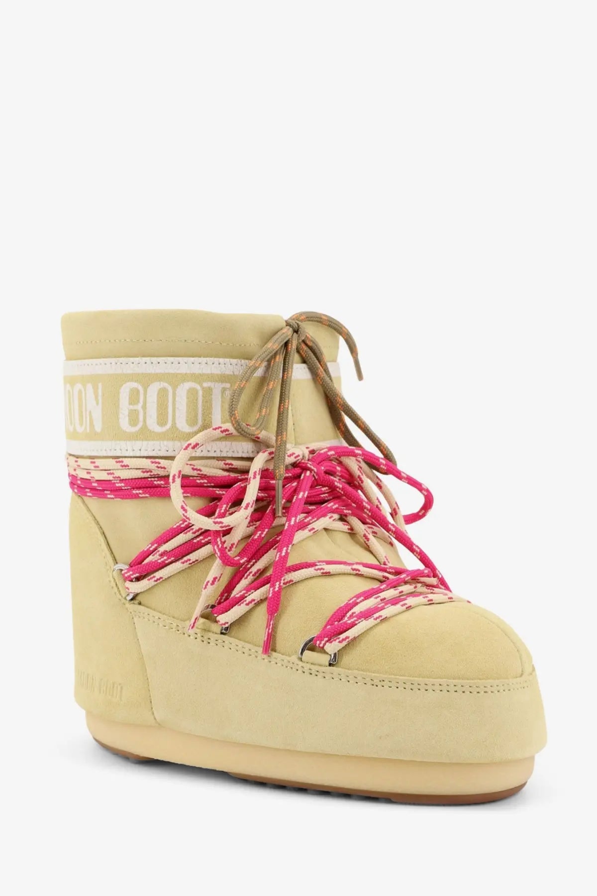 Moon Boot women’s icon low suede boots in beige with vibrant pink and white patterned laces