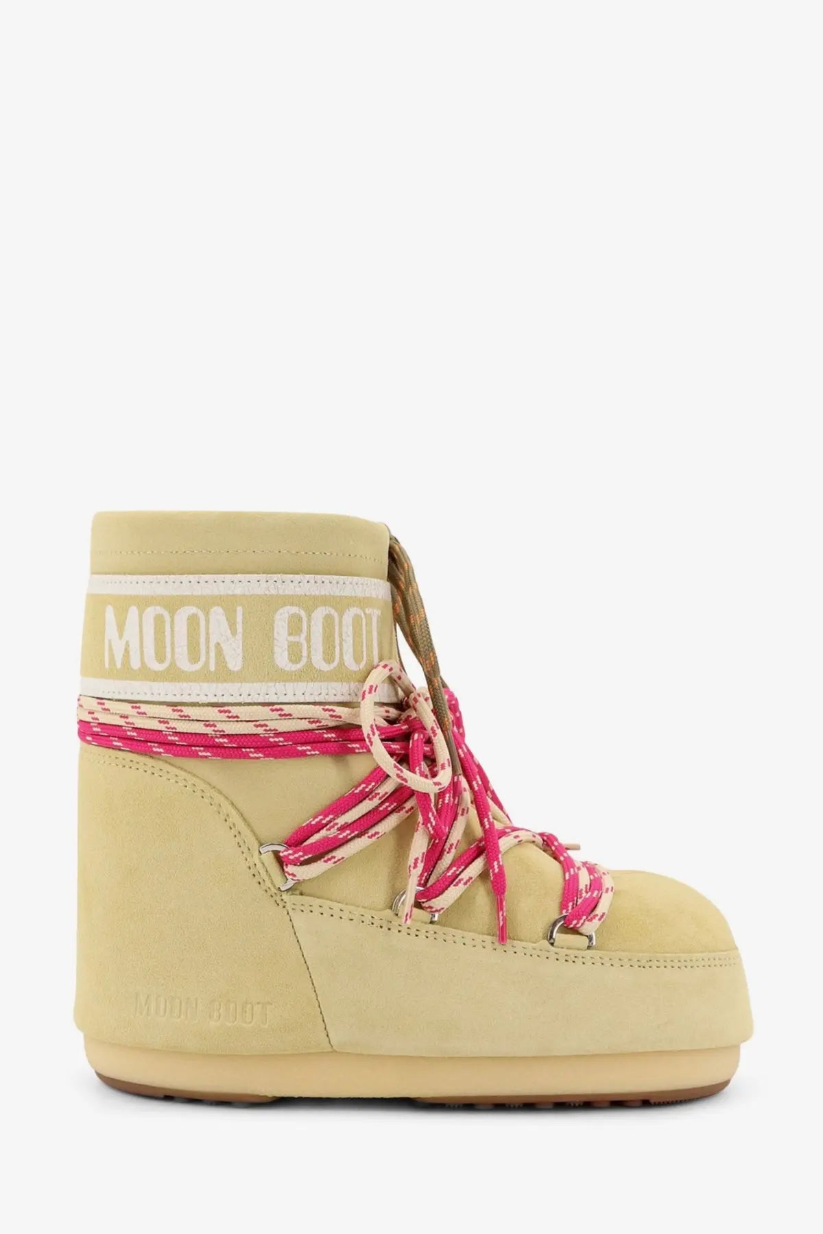 Cream-colored suede moon boot with pink and white woven laces from moon boot women’s icon low suede boots yellow