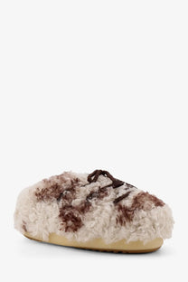 Moon Boot women’s low faux fur sandals with cream and brown curly fur and tan rubber sole