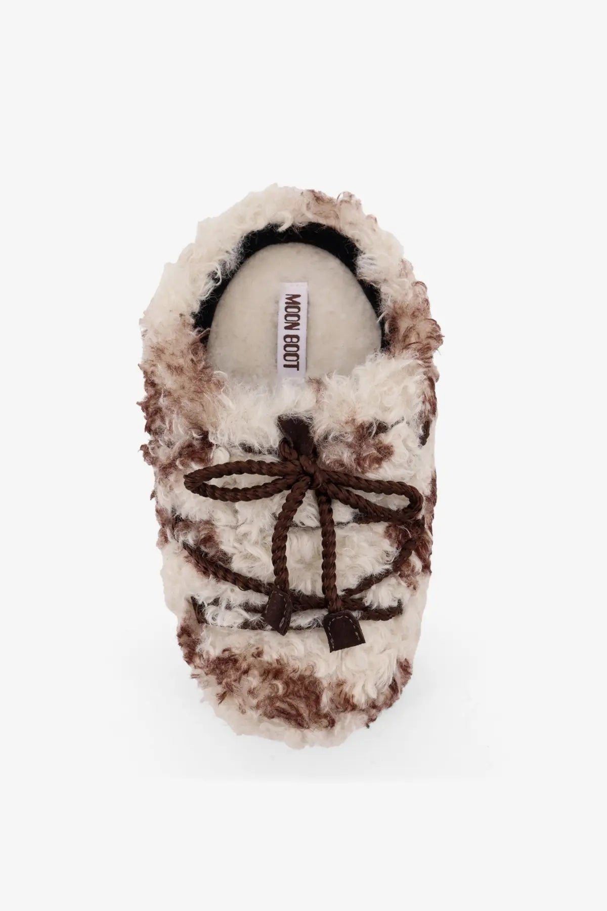 Moon Boot women’s low faux fur sandals in cream and brown with curly texture and braided dark brown laces tied in bow