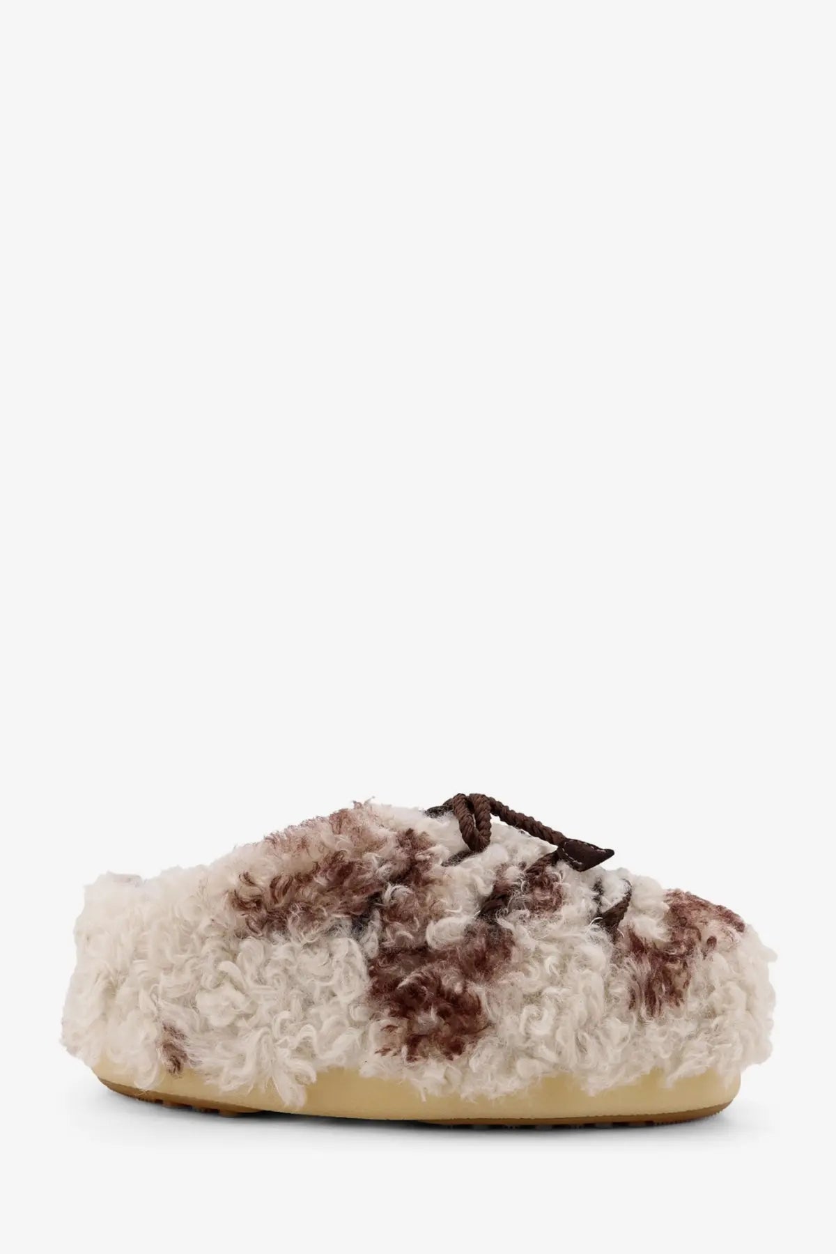 Moon Boot women’s low faux fur sandals in cream and brown with curly fur and braided leather laces slip-on mule shoes