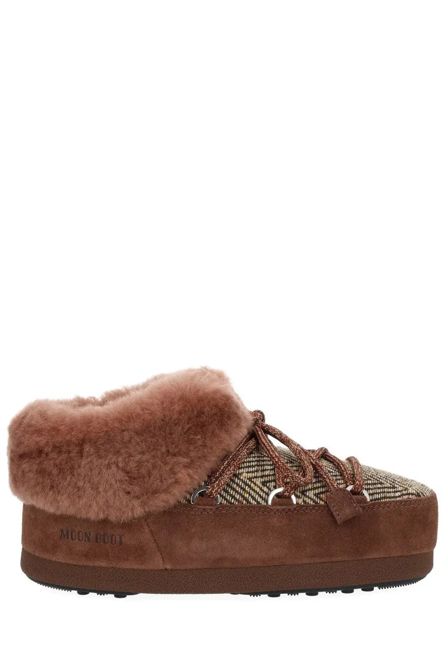 Brown suede moon boot mule with plush tan faux fur cuff and herringbone upper in Moon Boot women’s Evx Chalet style