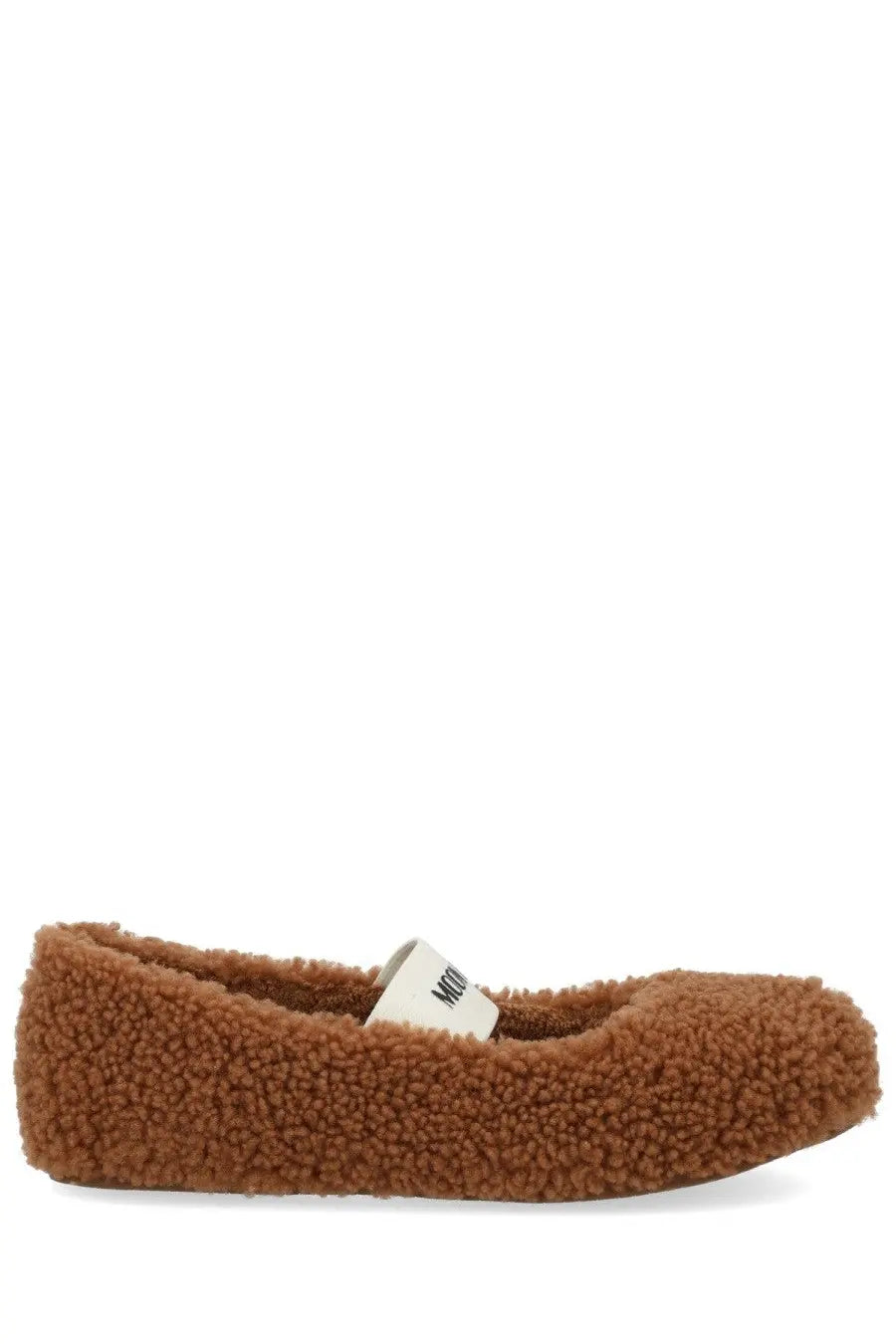 Brown moon boot women’s shearling ballerina loafers with white label on the side made of soft shearling material
