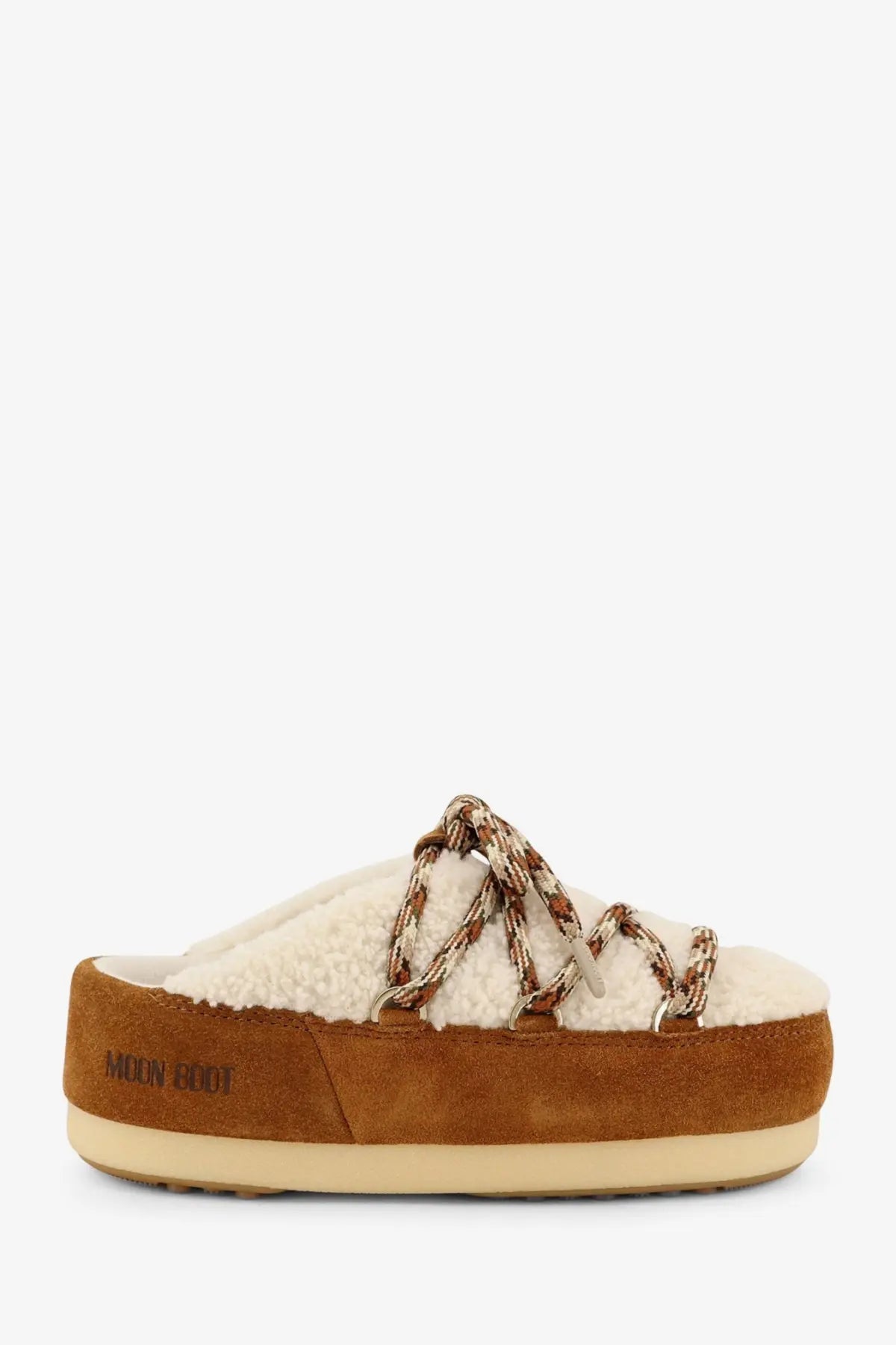 Brown suede moon boot slip-on with cream shearling lining and patterned laces for women