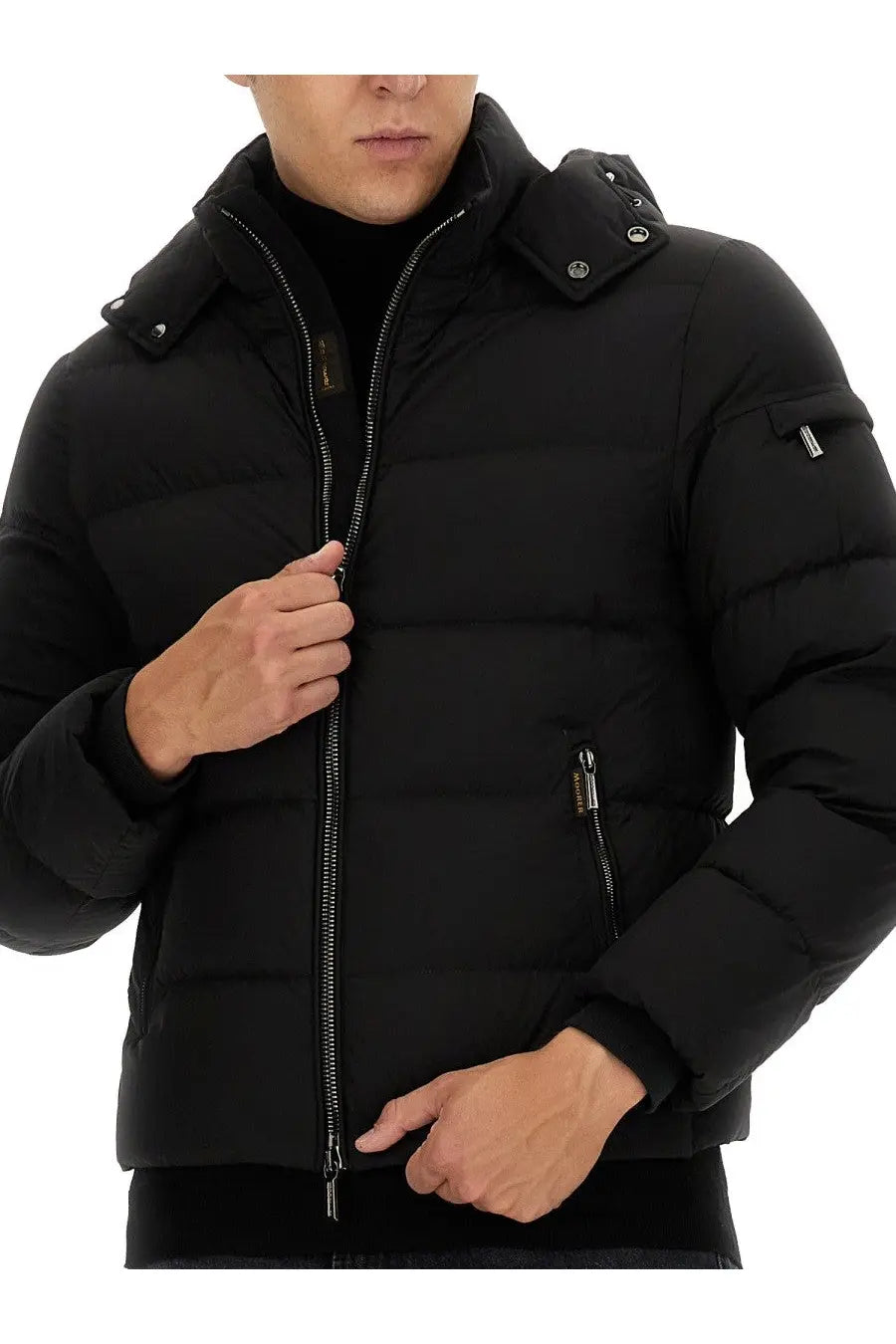 MooRER men’s black quilted puffer jacket brett skt with hood and silver zippers for cold weather wear