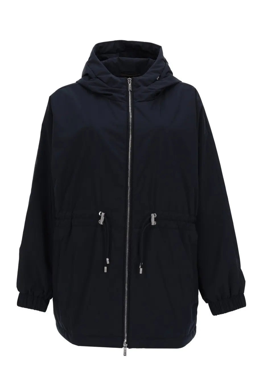 MooRER women’s galilea stp jacket in blue with black hood, silver zippers, and drawstrings on front pockets
