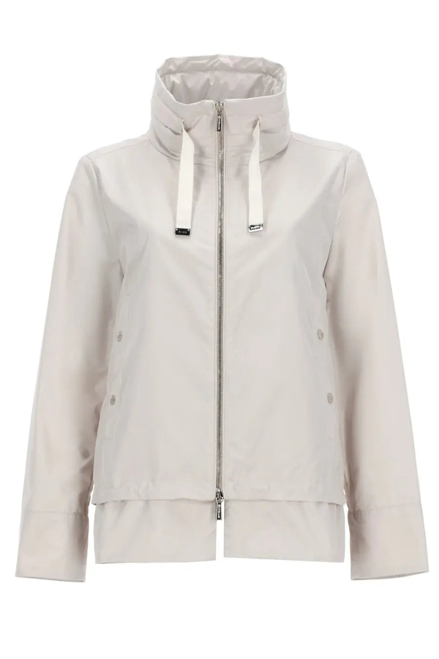 MooRER women’s Sinia WK off-white hooded jacket with full-length zipper and matching drawstrings in sleek design
