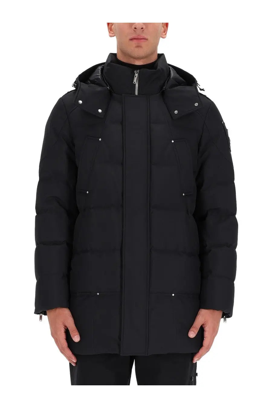 Black moose knuckles men’s neoshear cloud parka puffer jacket with hood silver zipper and metallic button details