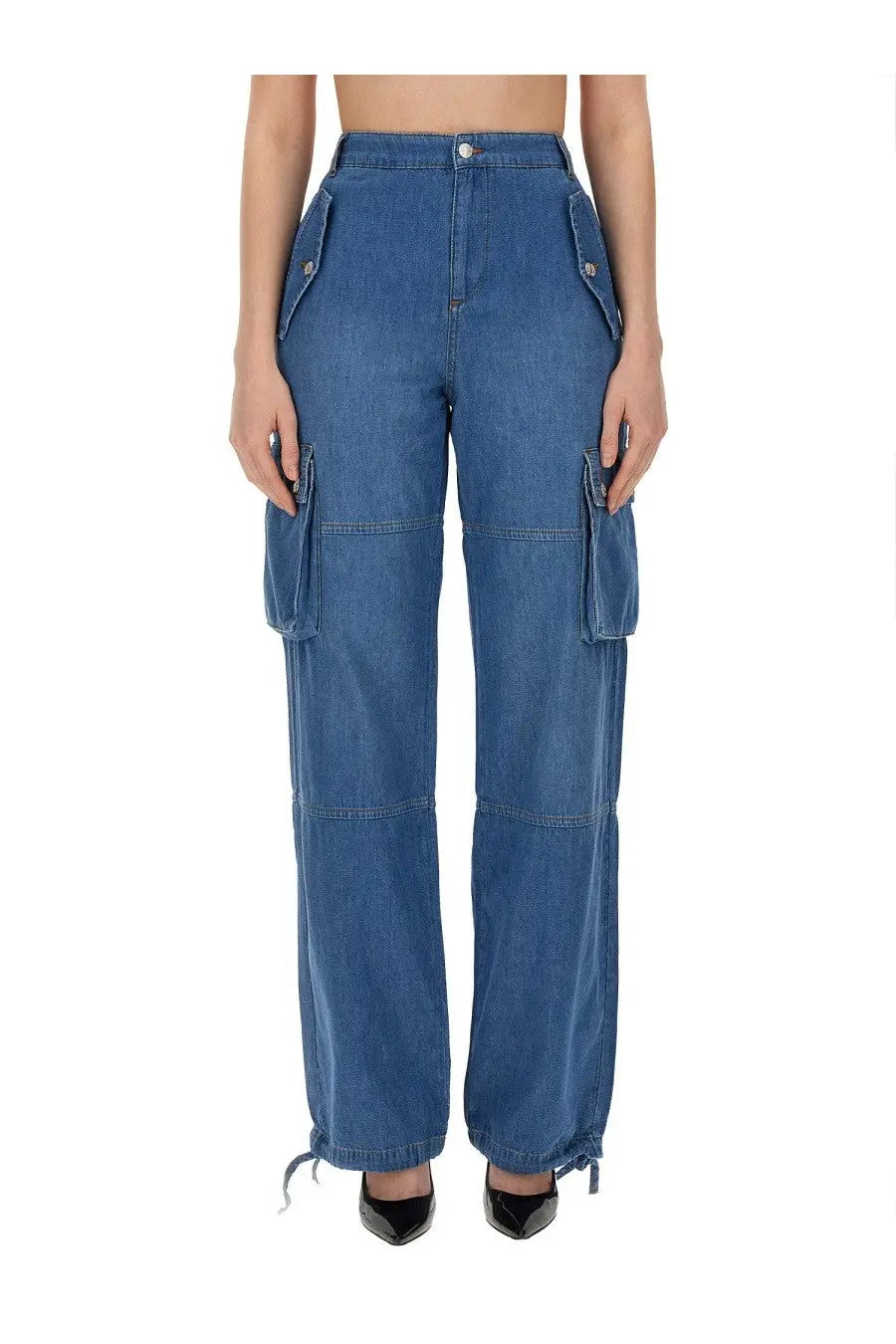 Blue denim cargo pants for women by moschino with multiple pockets and drawstring cuffs