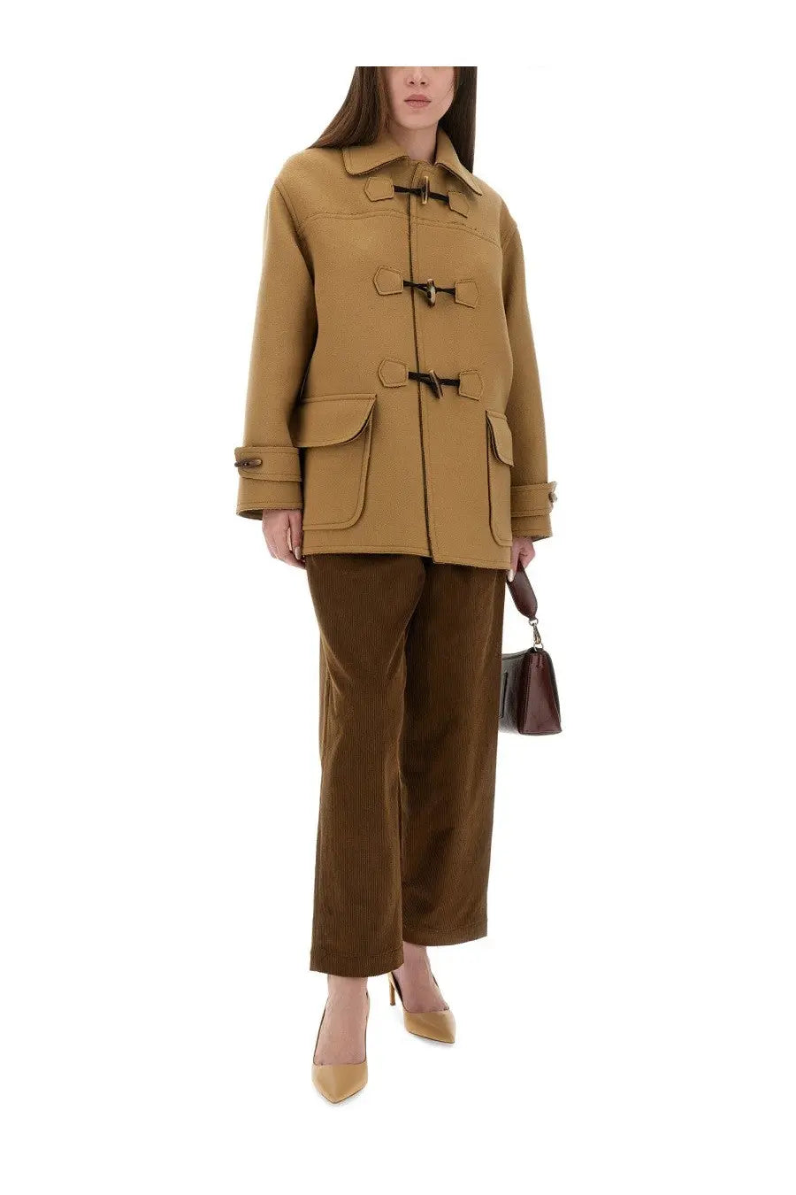 Tan wool duffle coat with black toggle closures and flap pockets styled with Moschino Jeans women’s brown corduroy pants