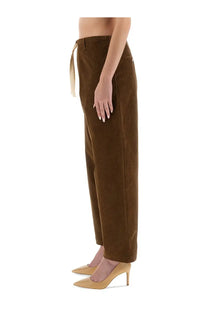 Moschino jeans women’s brown corduroy pants with drawstring waist and tapered legs front view