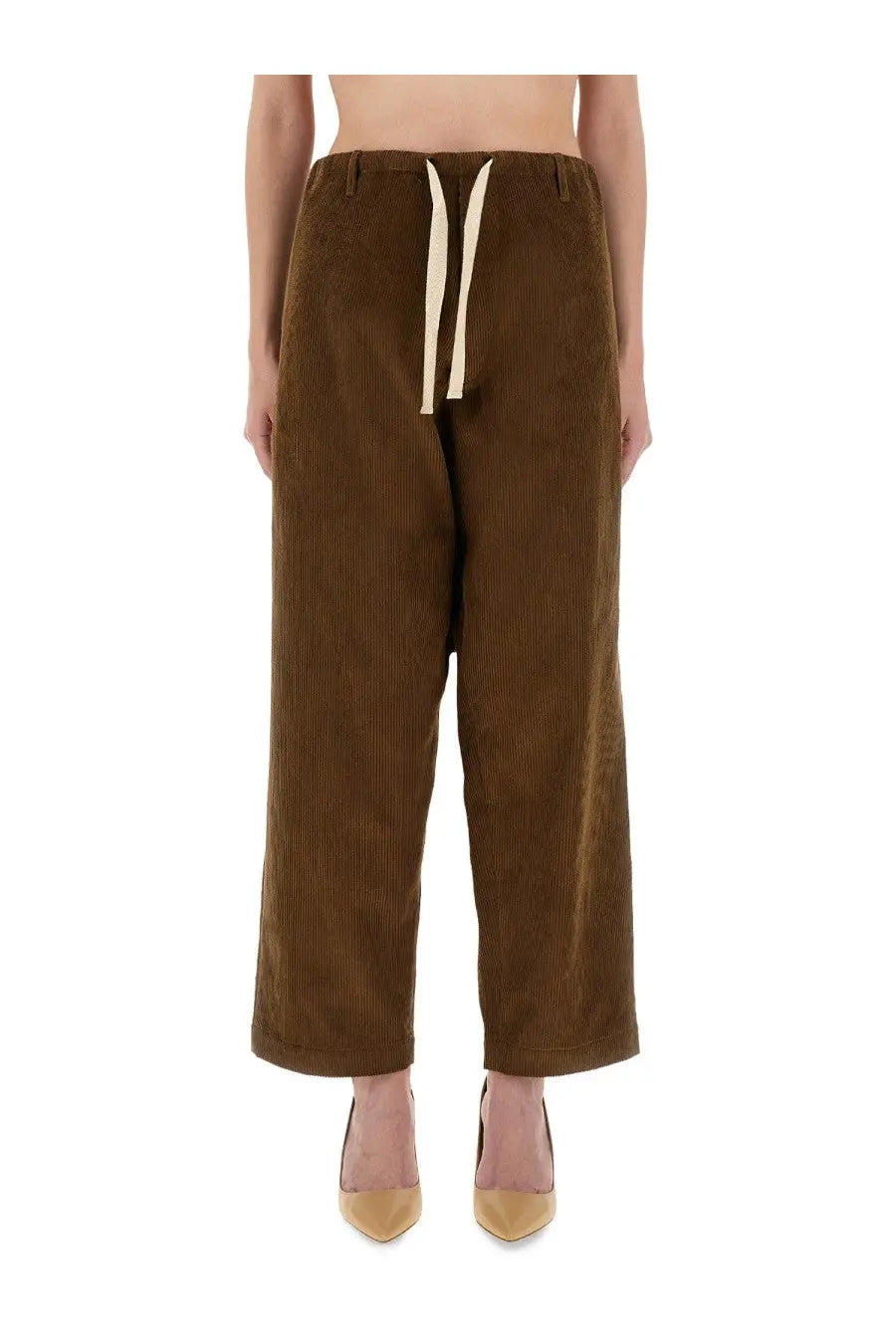 Moschino Jeans women’s brown corduroy wide-leg pants with cream-colored drawstring waistband front view