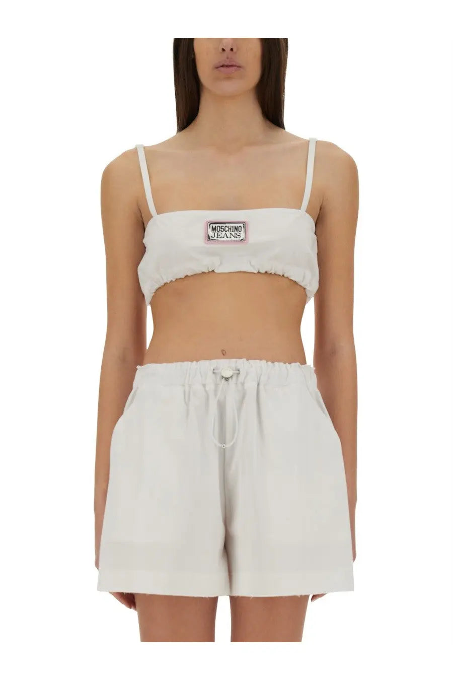 White moschino jeans women’s cotton bandeau top with thin straps and ruffled hem cropped style