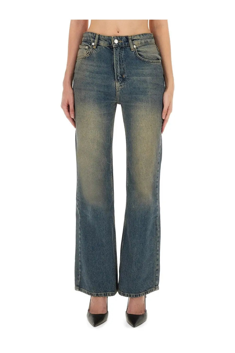 Moschino jeans women’s high-waisted denim jeans in faded blue wash with flared legs