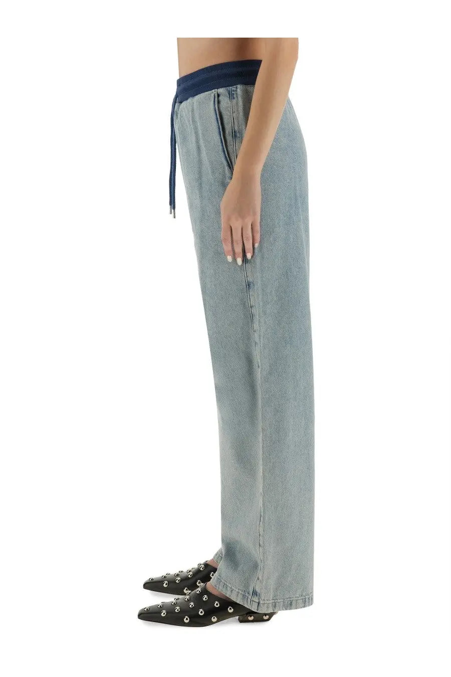 Light-wash denim trousers with navy elastic waistband and drawstring moschino jeans women’s denim blue