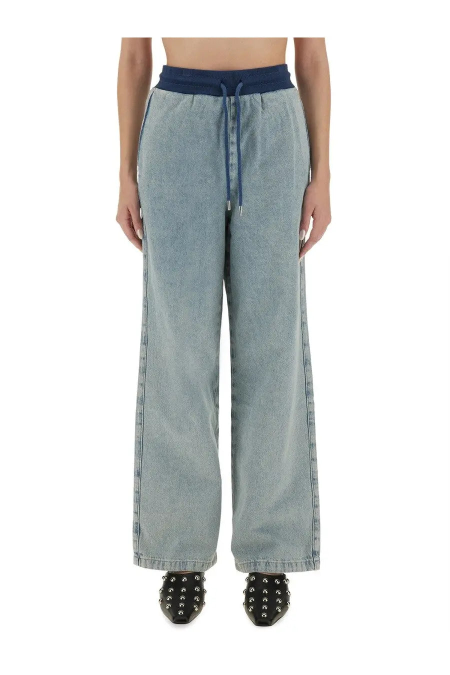 Moschino jeans women’s light-wash denim wide-leg pants with navy blue elastic waistband and drawstring