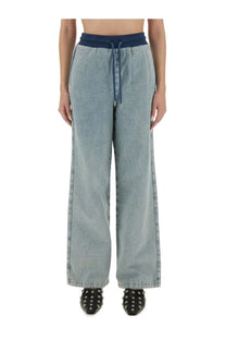 Moschino jeans women’s light-wash denim wide-leg pants with navy blue elastic waistband and drawstring
