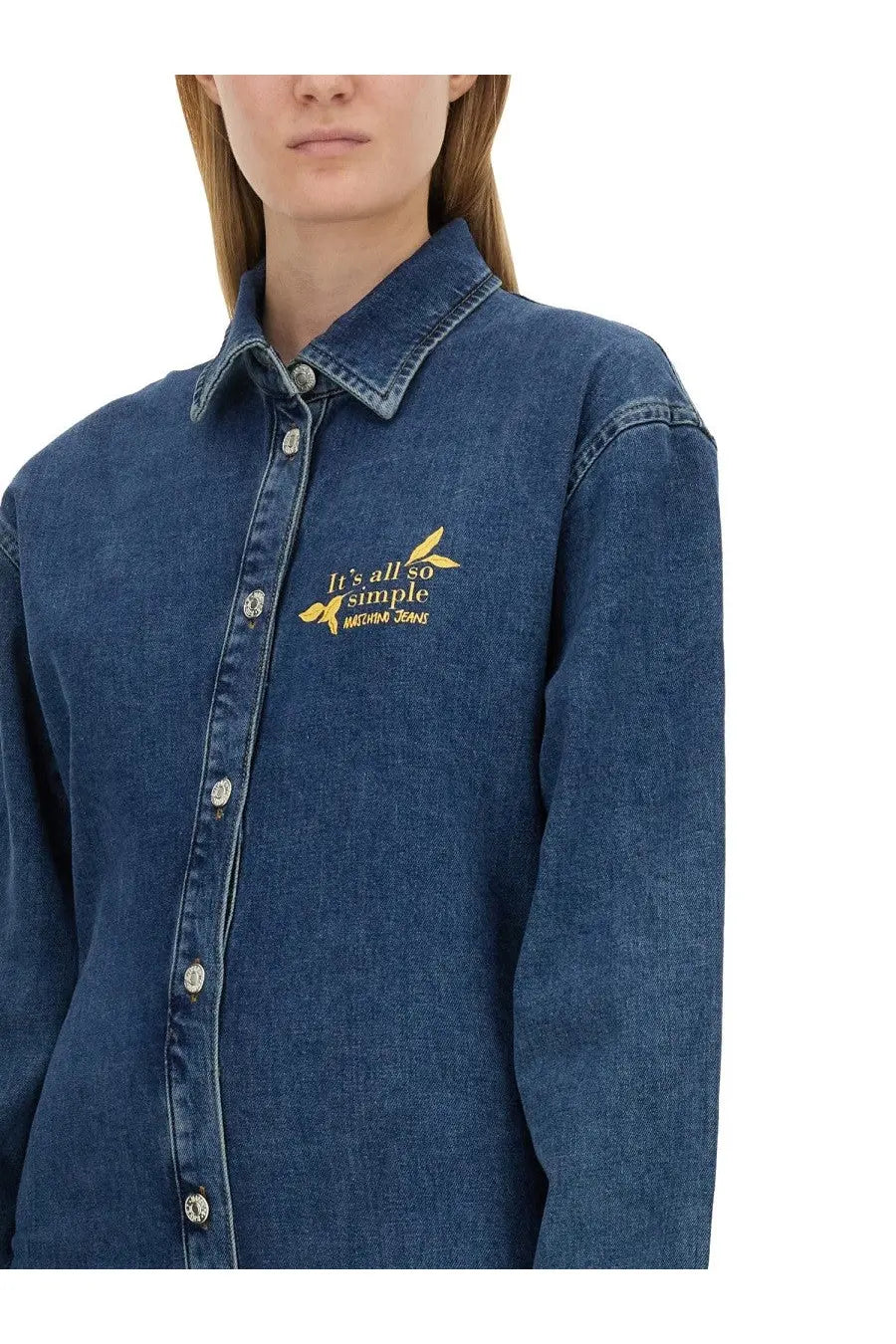 Blue denim button-up shirt dress with gold embroidery reading its all so simple by Moschino Jeans