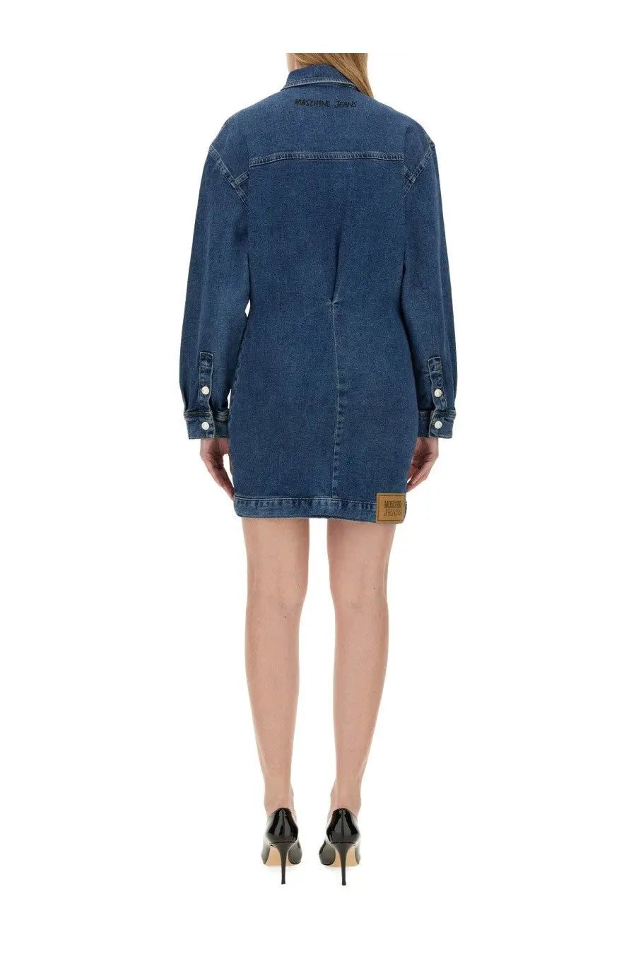 Moschino Jeans women’s blue denim dress with long sleeves buttoned cuffs classic collar and brown leather patch hem