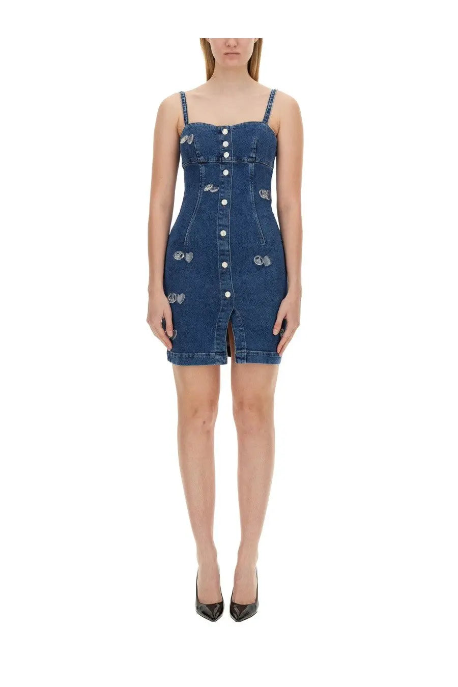 Moschino jeans women’s blue denim mini dress with silver heart embellishments and front button closure