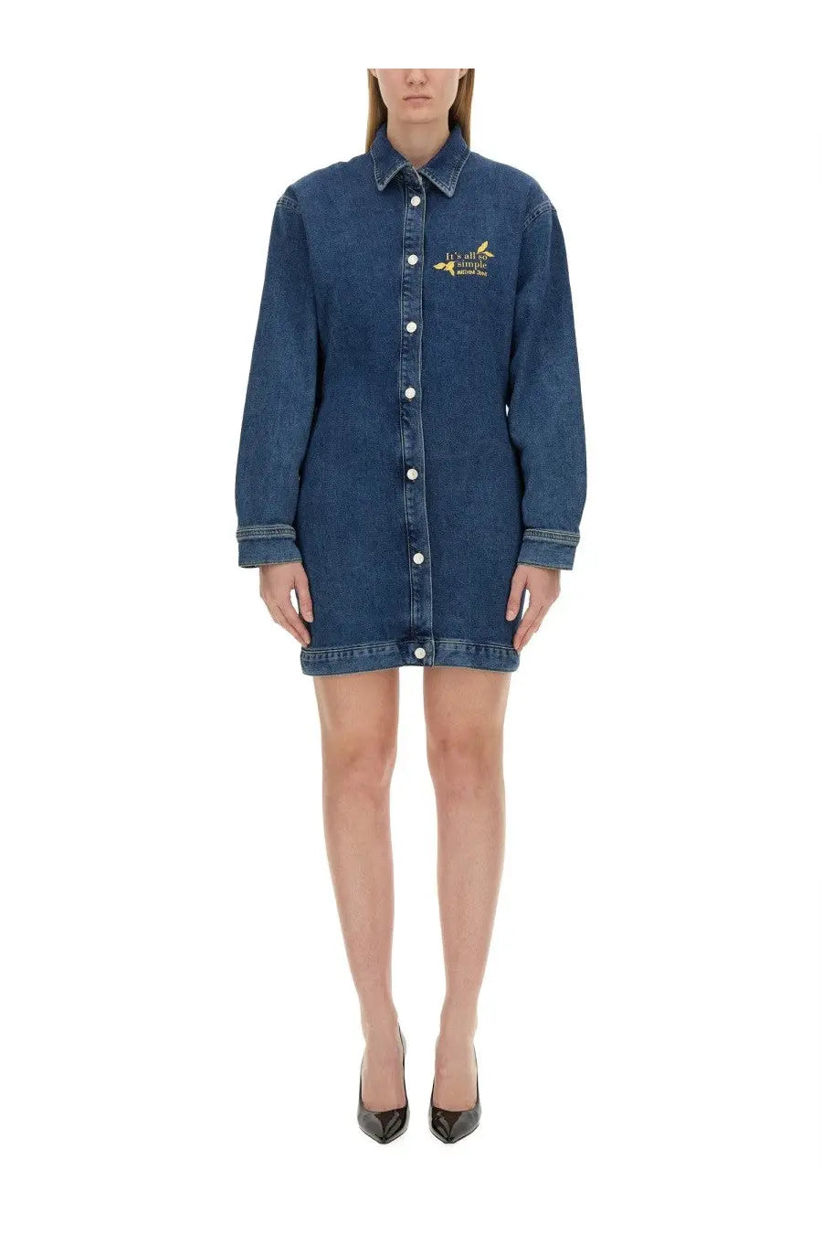 Navy blue Moschino Jeans women’s denim shirt dress with button-down front long sleeves and gold chest embroidery