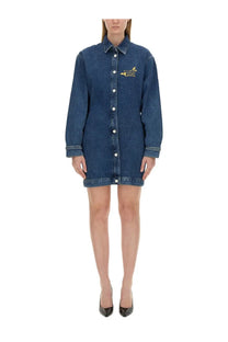 Navy blue Moschino Jeans women’s denim shirt dress with button-down front long sleeves and gold chest embroidery