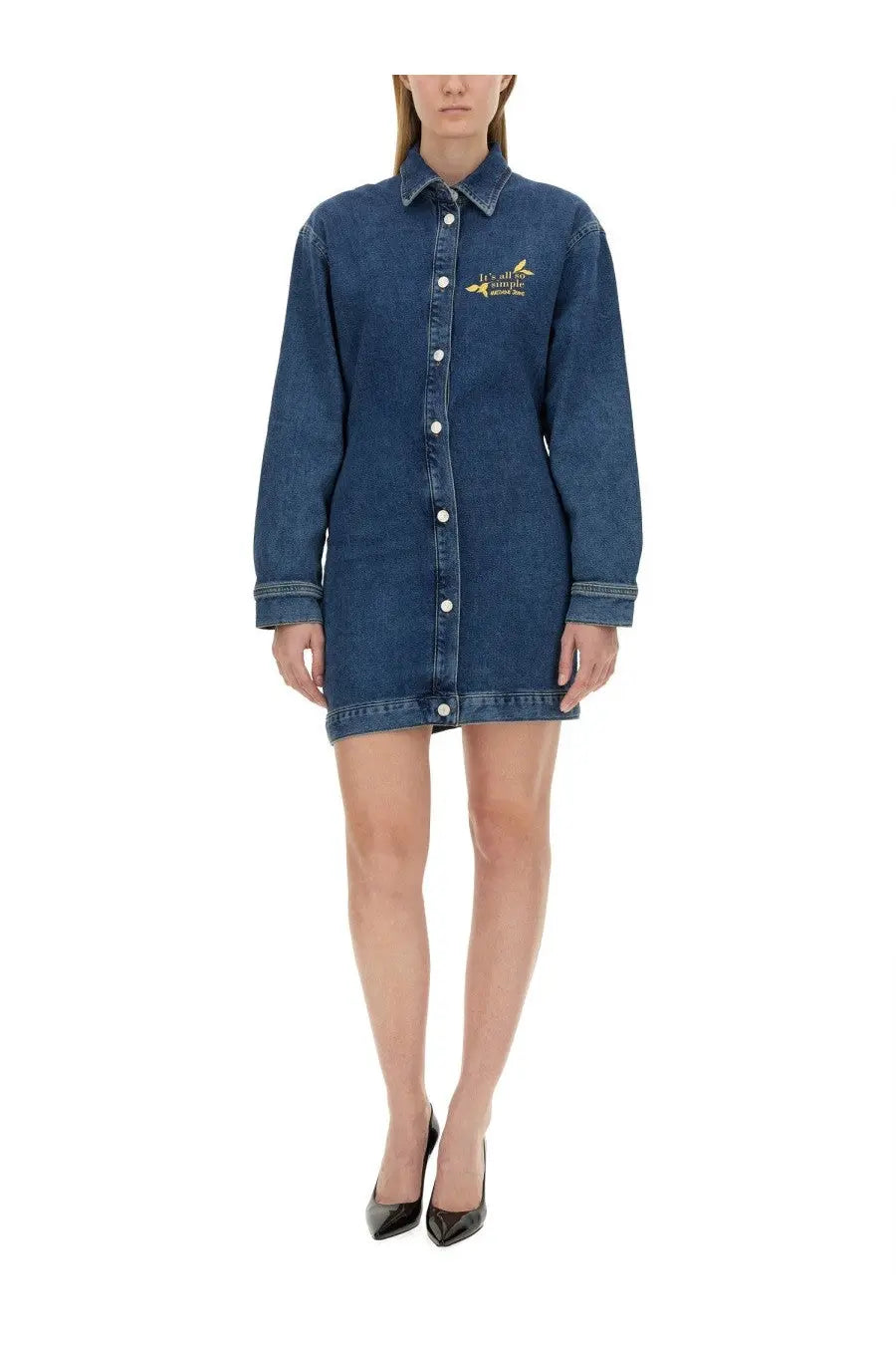 Moschino Jeans women’s navy blue denim shirt dress with button-down front and gold chest embroidery