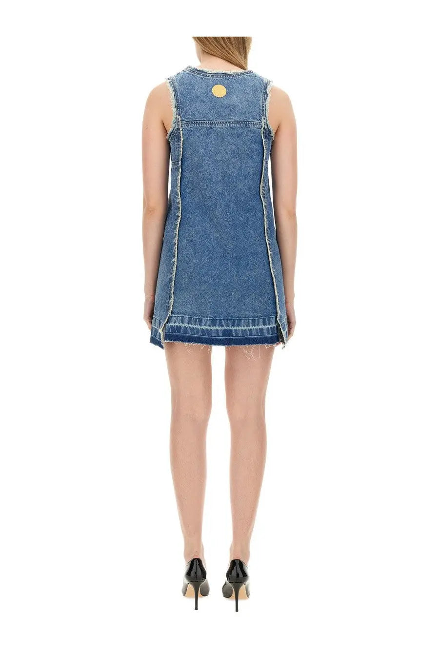 Moschino Jeans women’s blue denim sleeveless dress with frayed edges and gold circular button at neckline