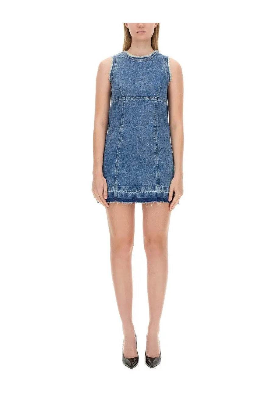 Moschino jeans women’s sleeveless knee-length denim dress in faded blue with frayed hem