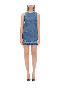 Moschino jeans women’s sleeveless knee-length denim dress in faded blue with frayed hem