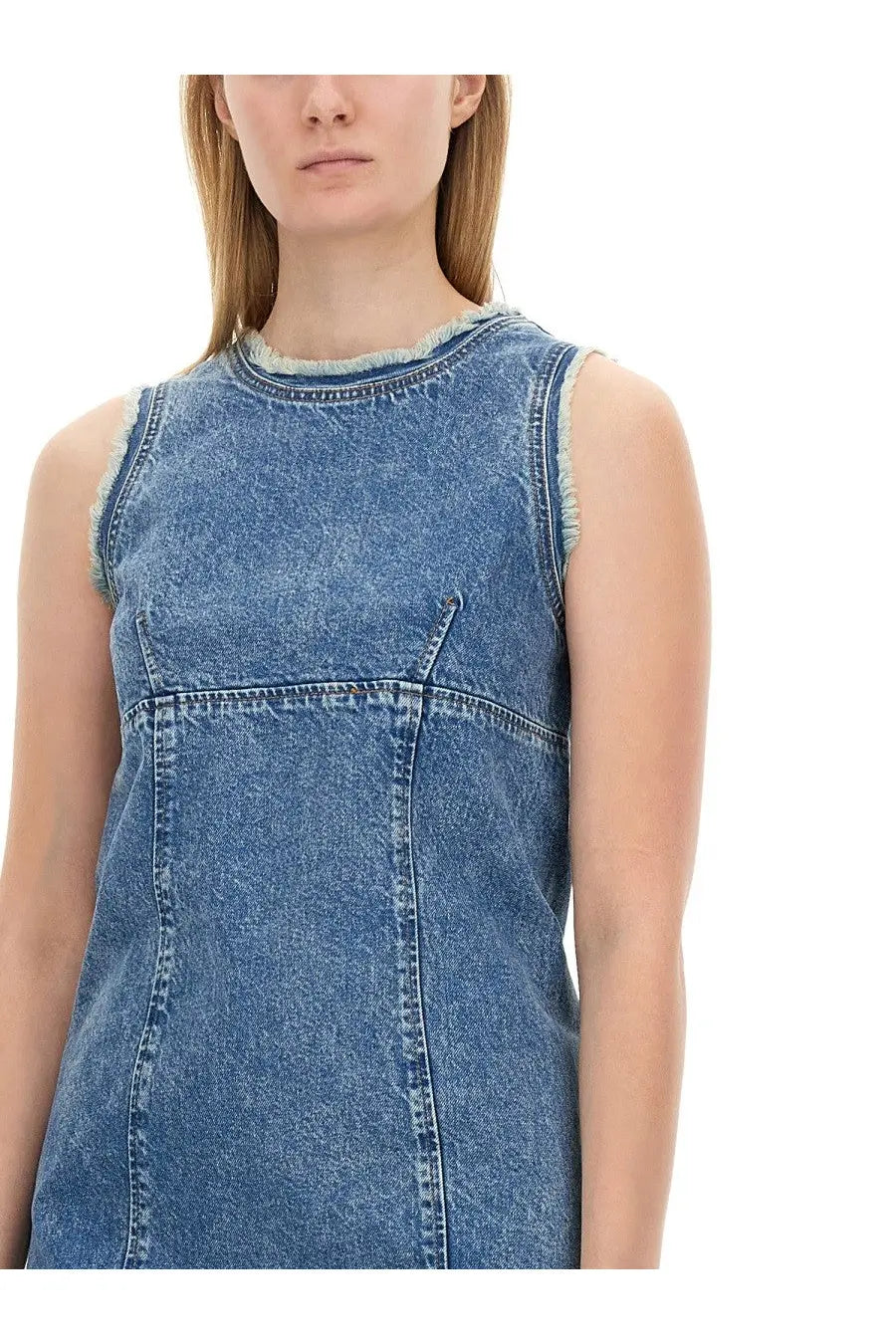 Moschino Jeans women’s sleeveless denim dress in medium blue wash with frayed edges and visible stitching details