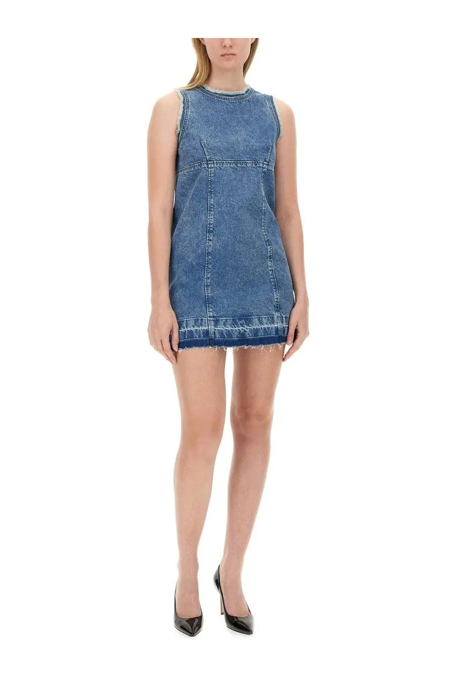 Moschino Jeans women’s blue sleeveless denim mini dress with frayed hem and subtle stitching details