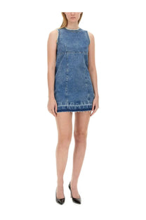 Moschino Jeans women’s blue sleeveless denim mini dress with frayed hem and subtle stitching details