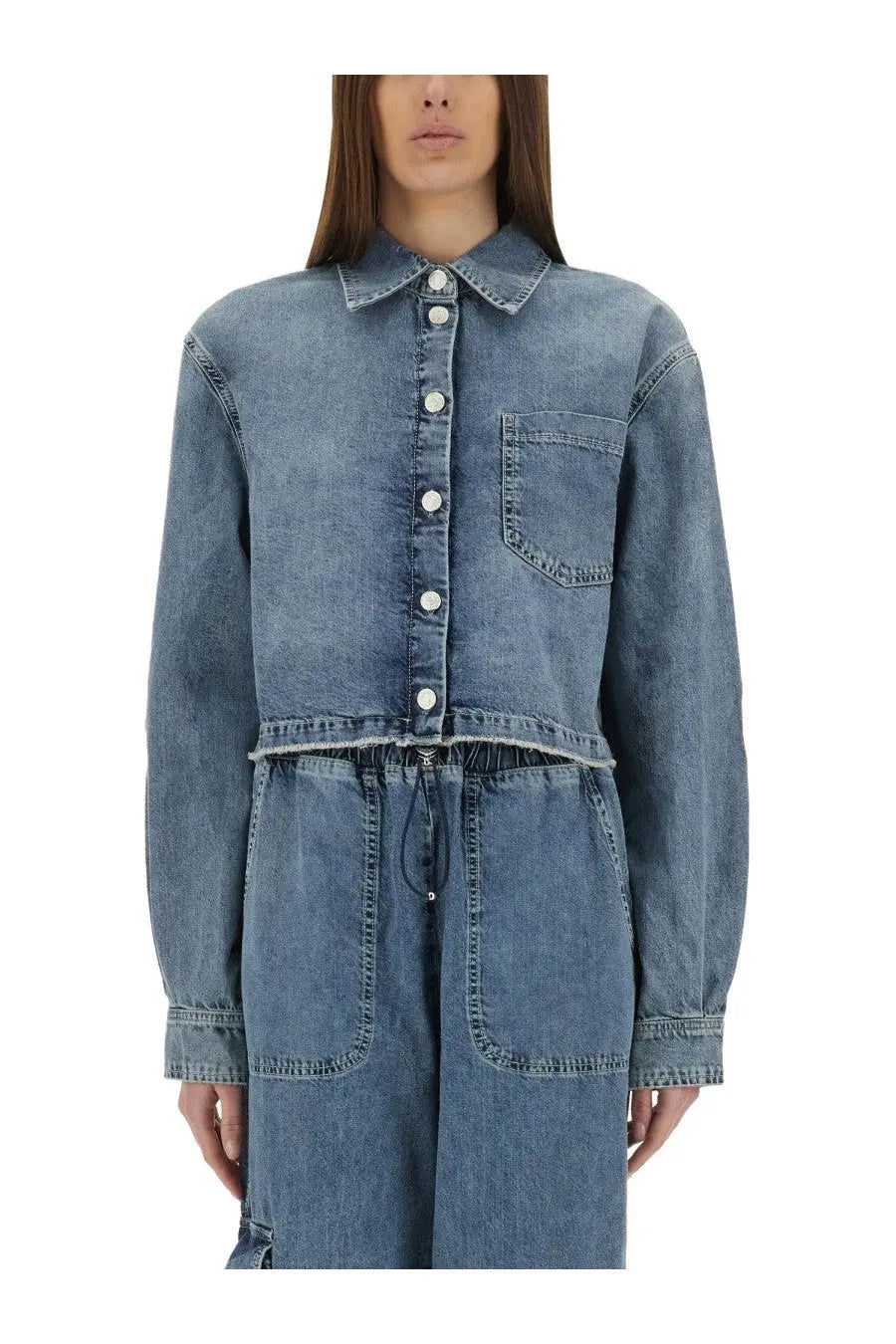 A medium-wash blue denim cropped jacket by Moschino Jeans with a classic collar and button-front closure
