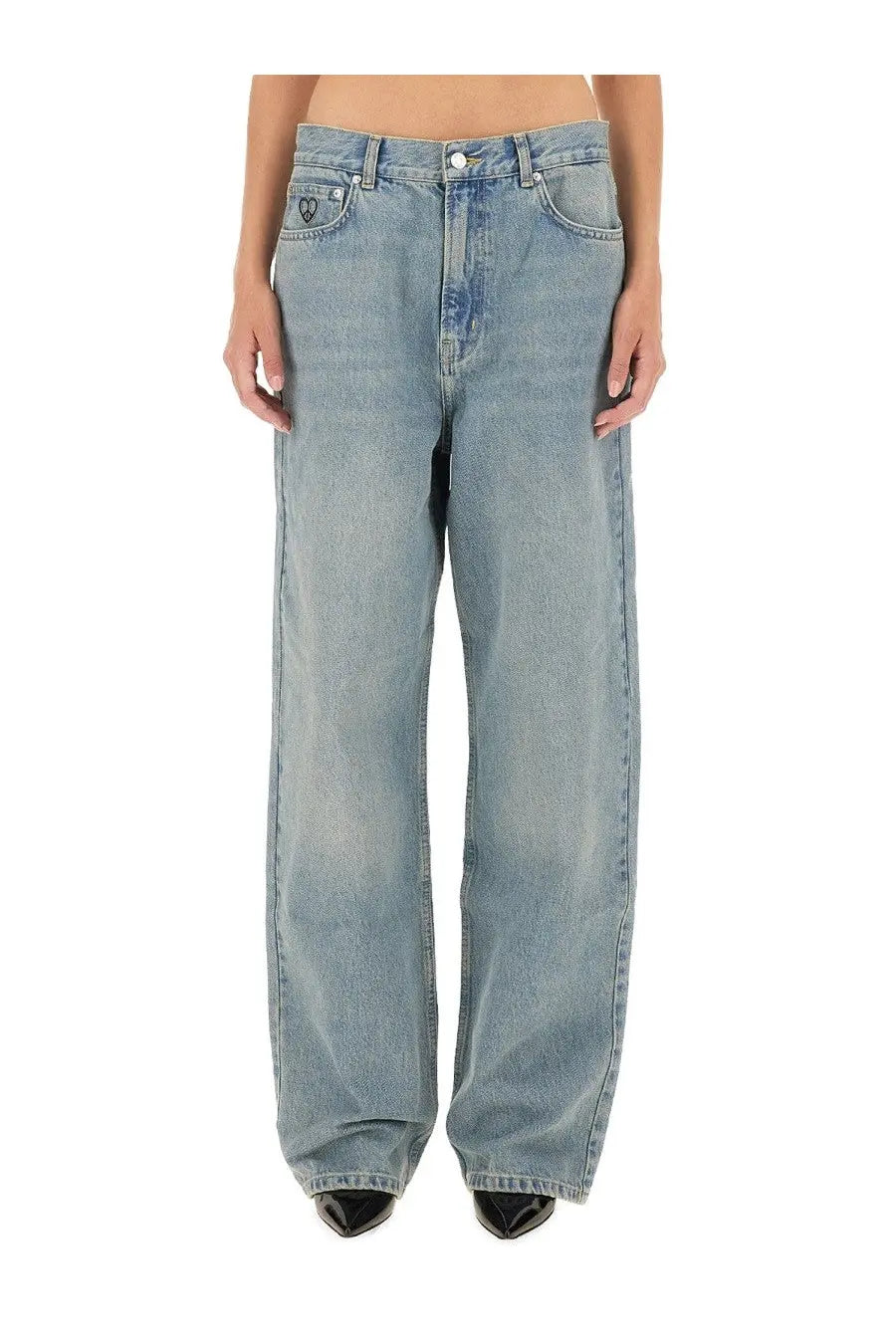 Moschino women’s light-wash blue denim jeans with wide-leg cut subtle fading and classic five-pocket design