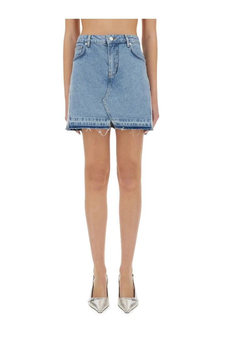 Moschino jeans women’s blue denim shorts with mid-waisted fit frayed hem and classic five-pocket design