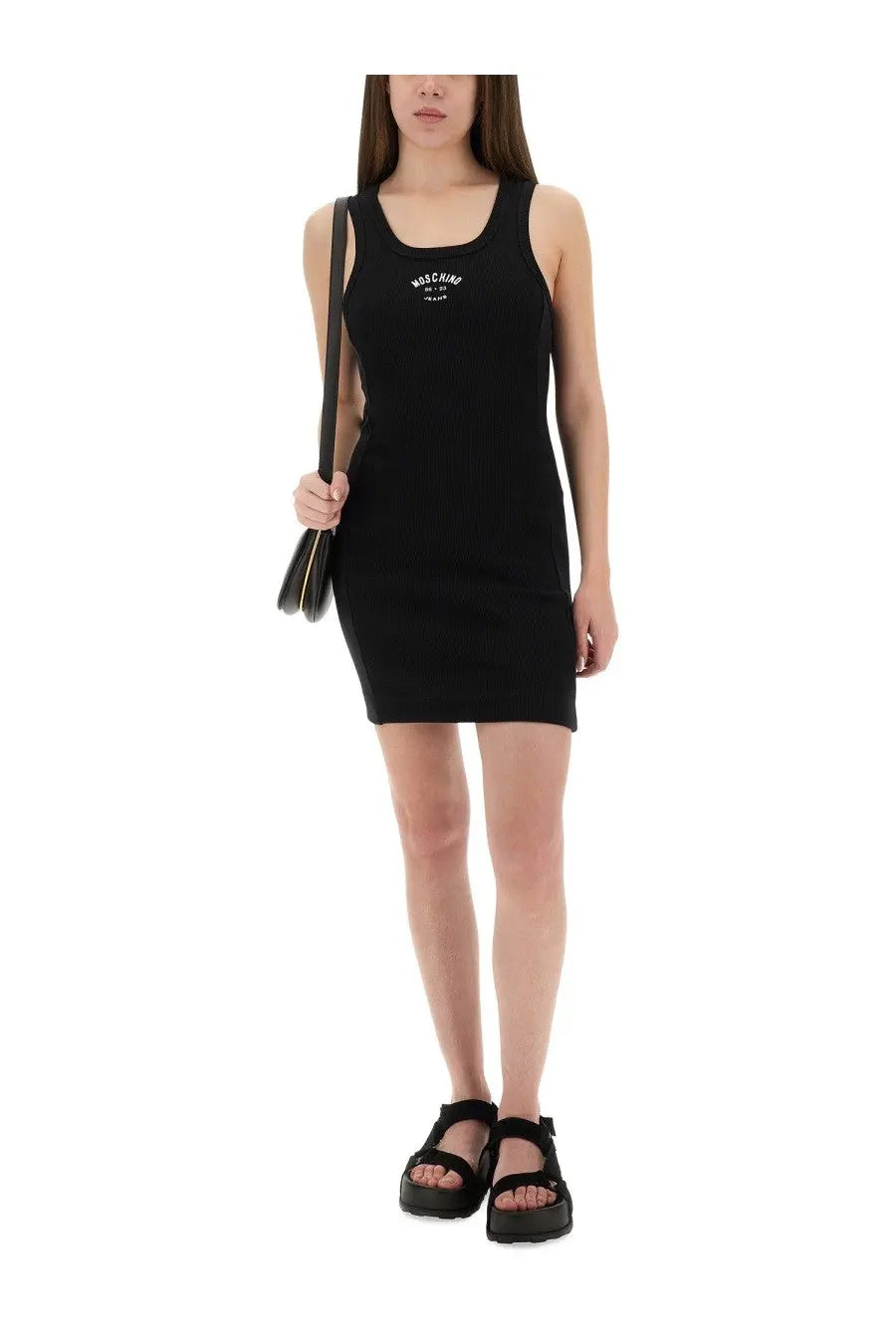 Black moschino jeans women’s tank dress with fitted silhouette and white logo embroidery at the neckline