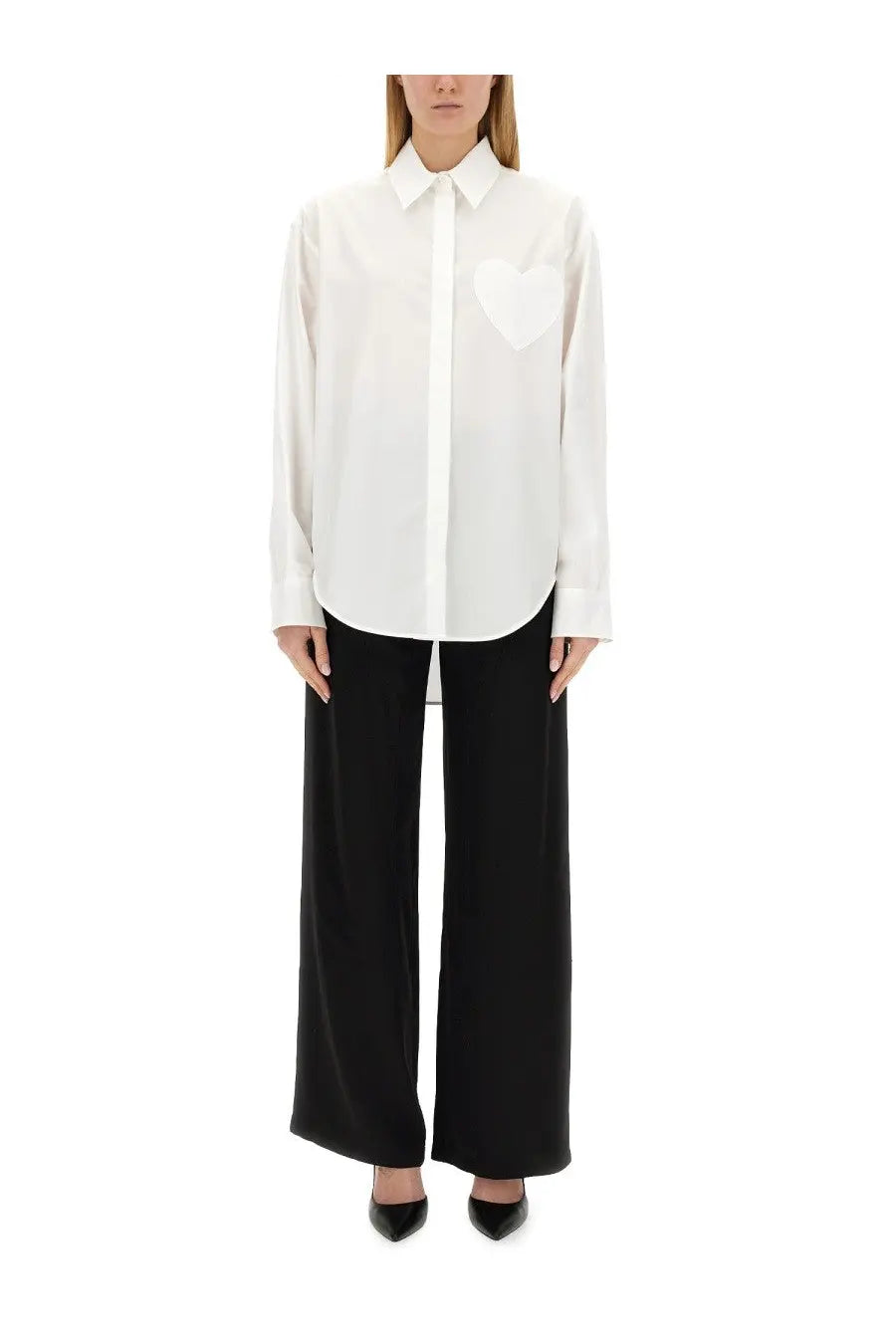 Moschino Jeans womens white button-down blouse with subtle heart-shaped patch on the chest offers casual style