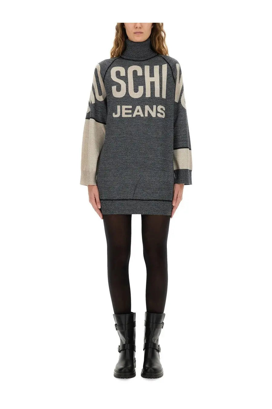 Moschino Jeans women’s grey turtleneck sweater dress with dark gray and beige tones and bold white chest lettering