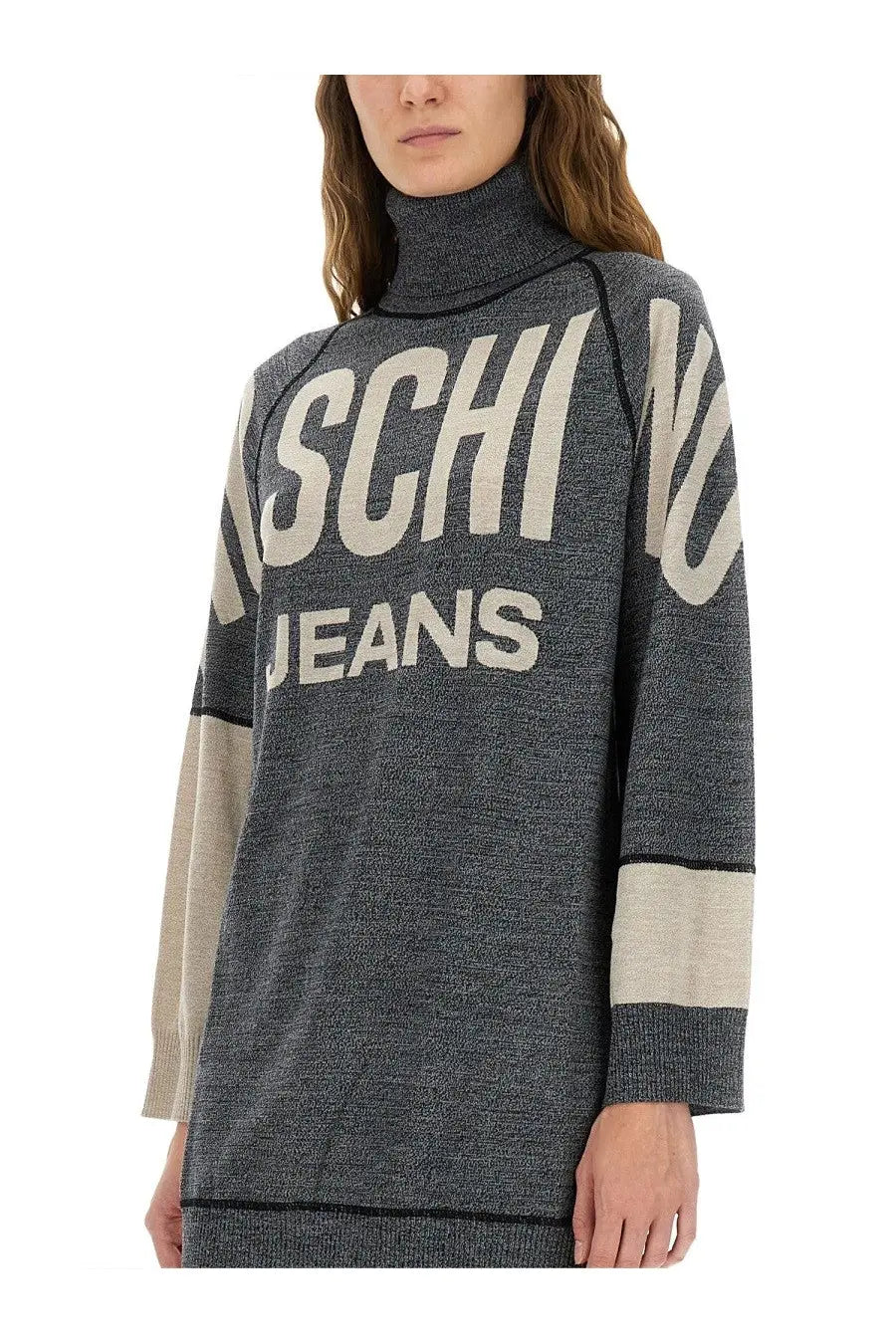 Moschino Jeans women’s grey inlaid dress featuring a dark gray knit turtleneck with beige sleeve panels and bold white lettering