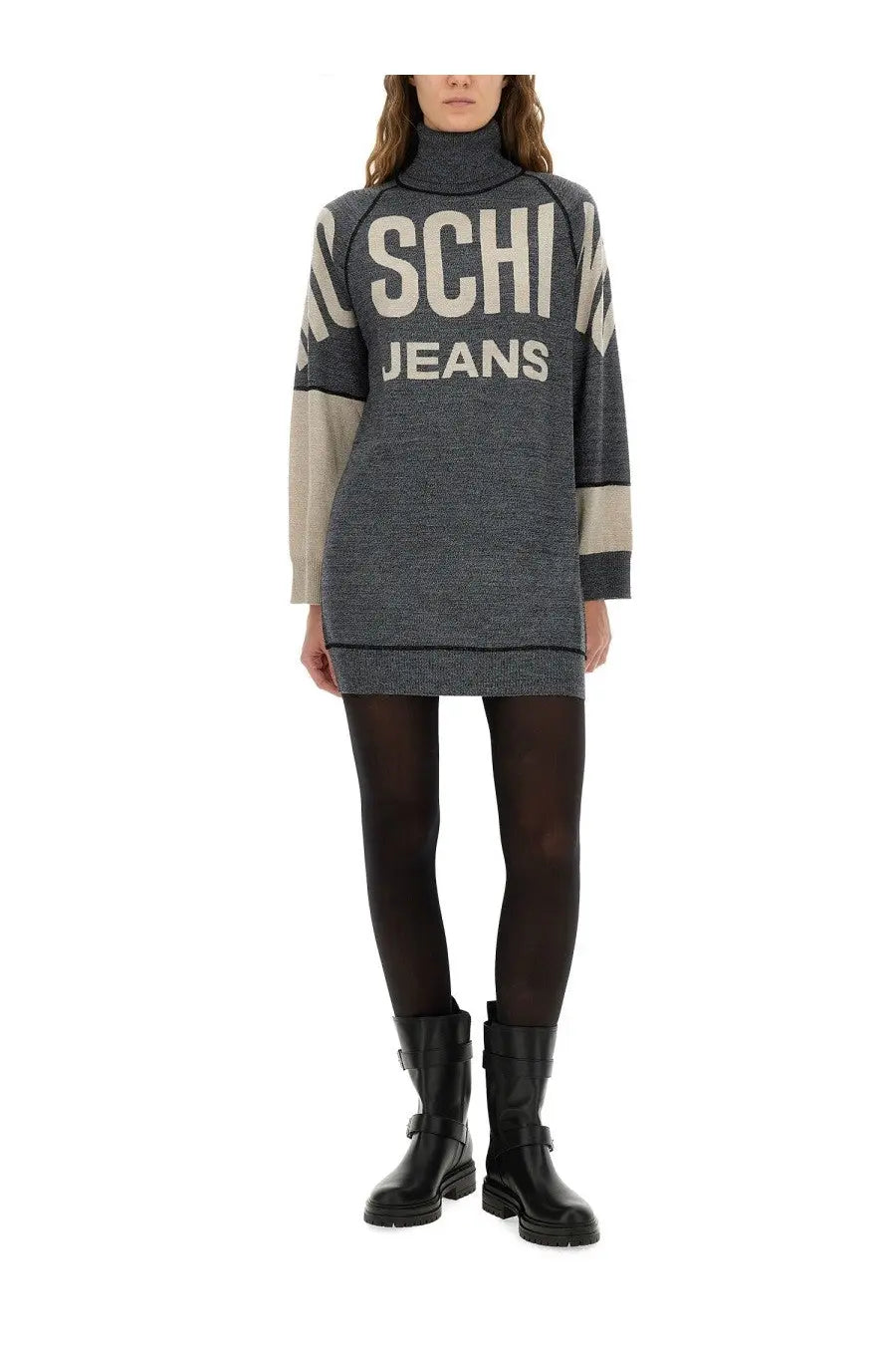 Moschino Jeans women’s grey color-blocked knit turtleneck sweater dress with bold white lettering