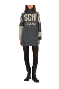 Moschino Jeans women’s grey color-blocked knit turtleneck sweater dress with bold white lettering