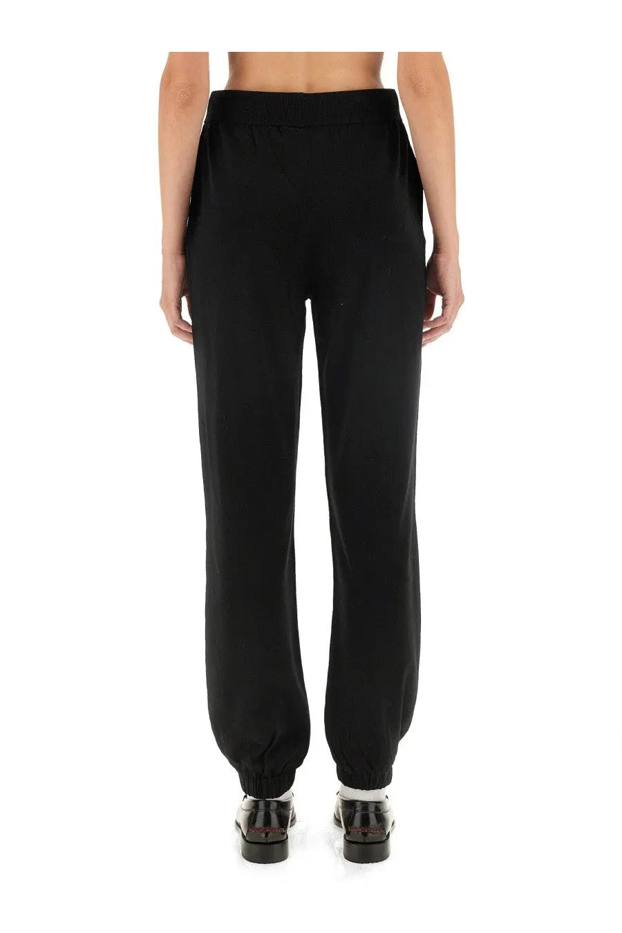 Black Moschino Jeans women’s jogger pants with high-waisted elastic waistband and ribbed cuffs tapered fit