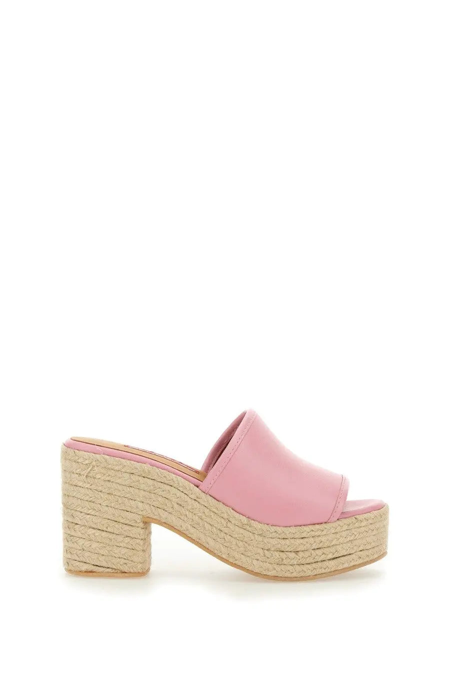 Pink leather espadrille mule sandal with woven jute heel and platform for women by moschino jeans