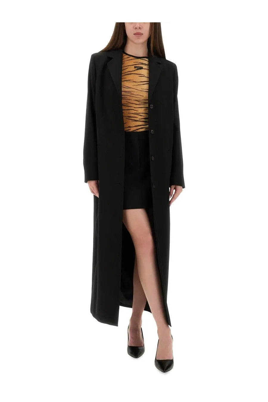 Moschino Jeans women’s black long tailored coat with a straight cut and front button closure