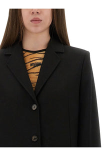 Moschino Jeans women’s black long tailored coat with structured blazer style notched lapels and decorative buttons