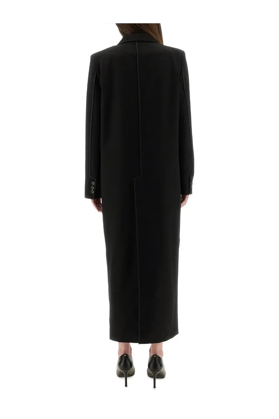 Moschino Jeans women’s black tailored coat with structured silhouette and three-button cuffs in long design