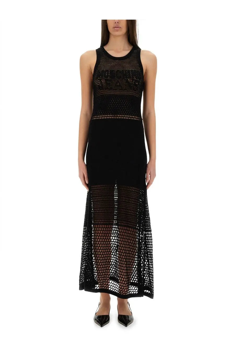 Moschino Jeans women’s black sleeveless knit dress with sheer patterned mesh overlay and solid fabric panels