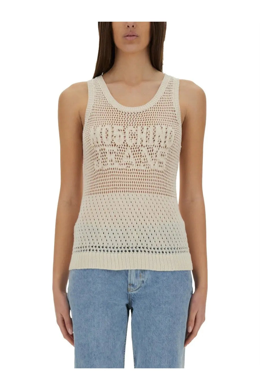 Moschino Jeans women’s cream-colored knitted tank top with textured openwork pattern and ribbed hem in white
