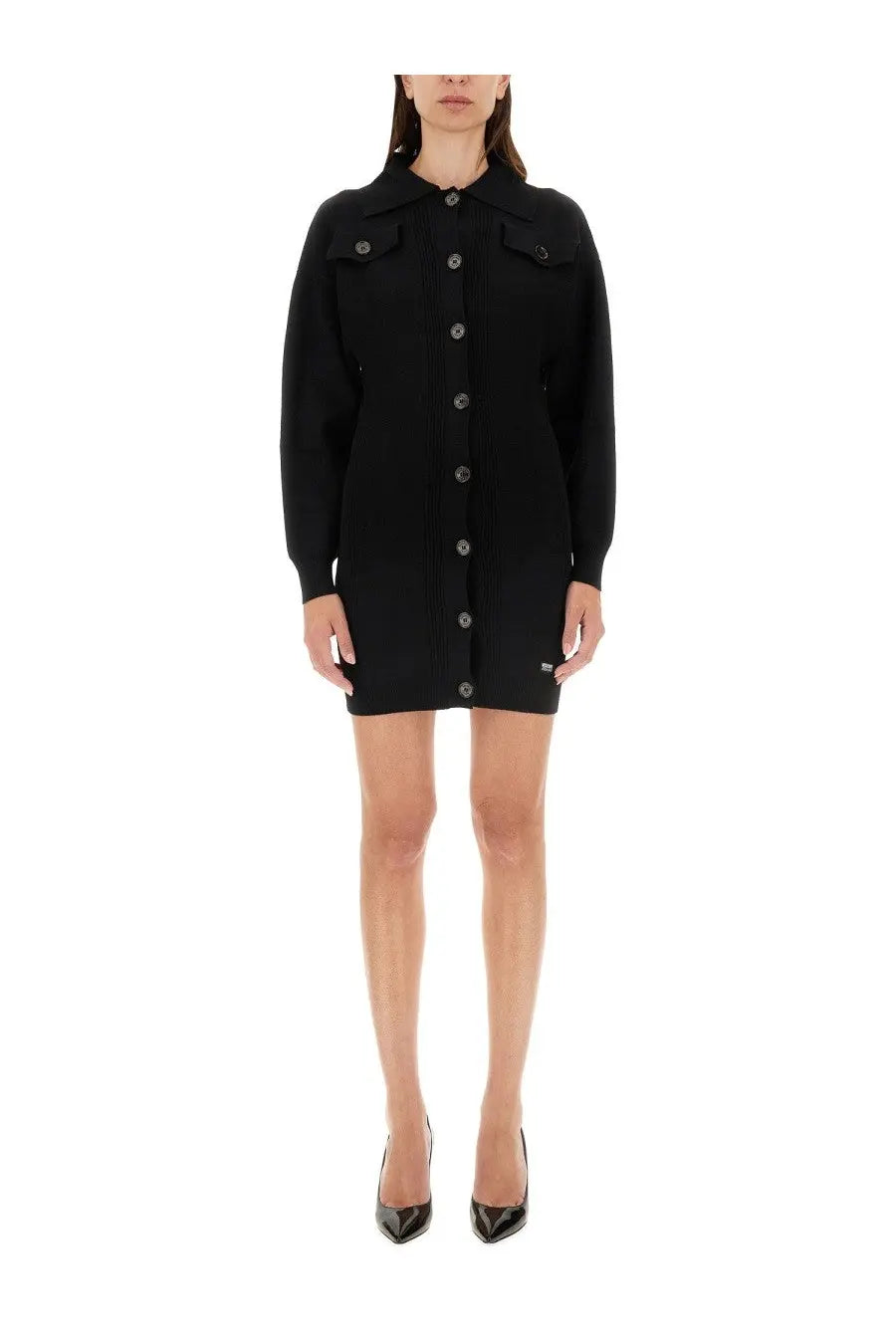 Moschino jeans women’s black knitted mini dress with buttons collar and two chest pockets